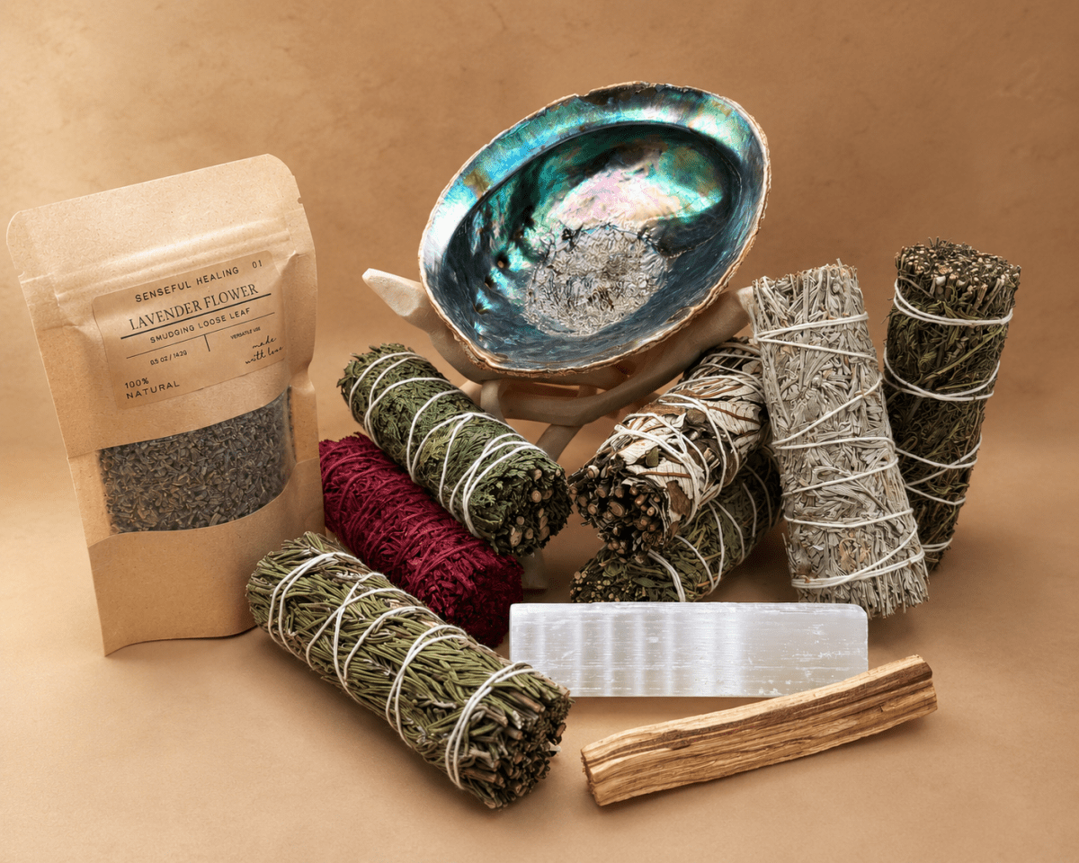 Complete Smoke Cleansing Collection – White Sage Free - Senseful Healing | abalone shell blue sage cedar sage