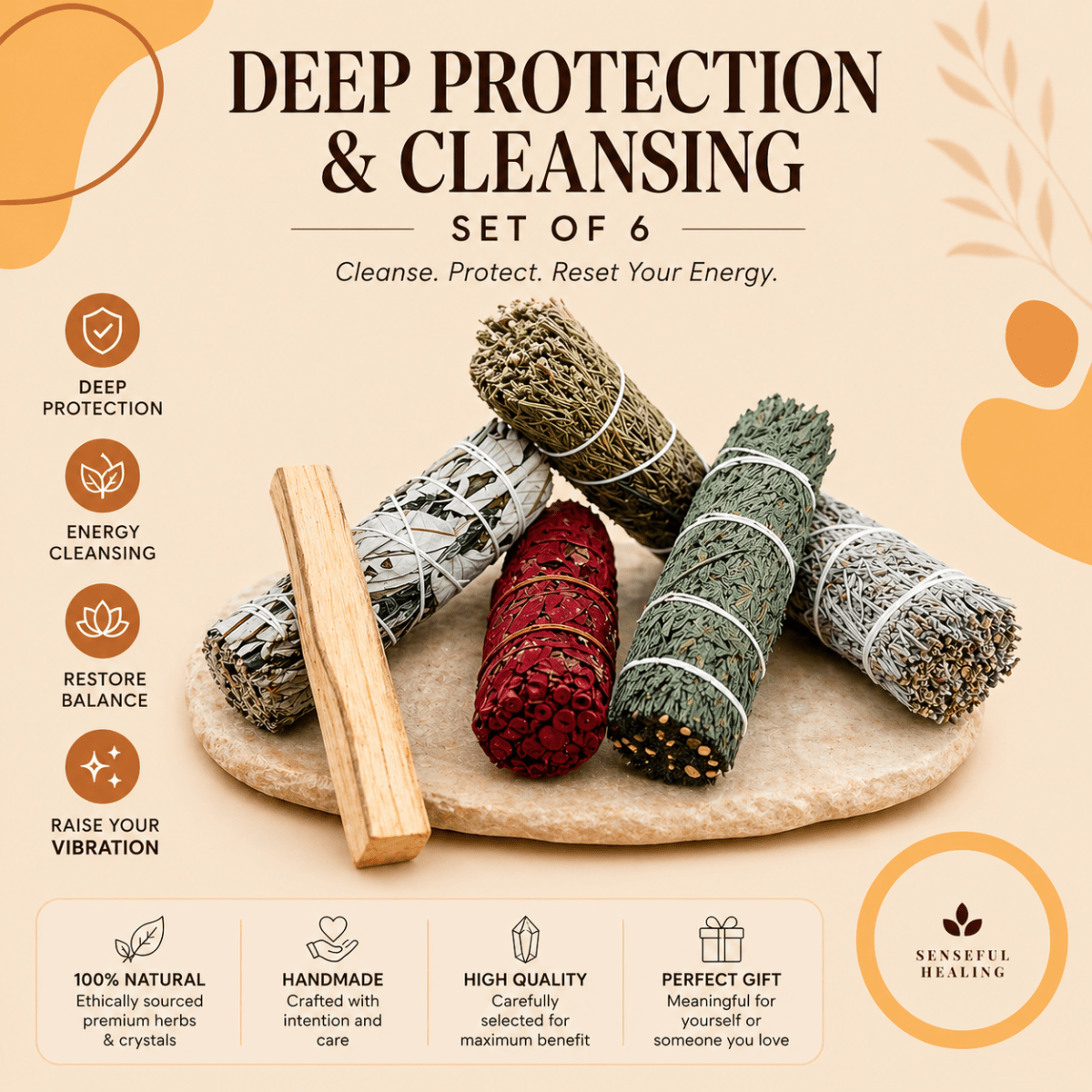 Deep Protection and Cleansing Smudging Pack (Set of 6) - Senseful Healing | blue sage cedar sage desert sage