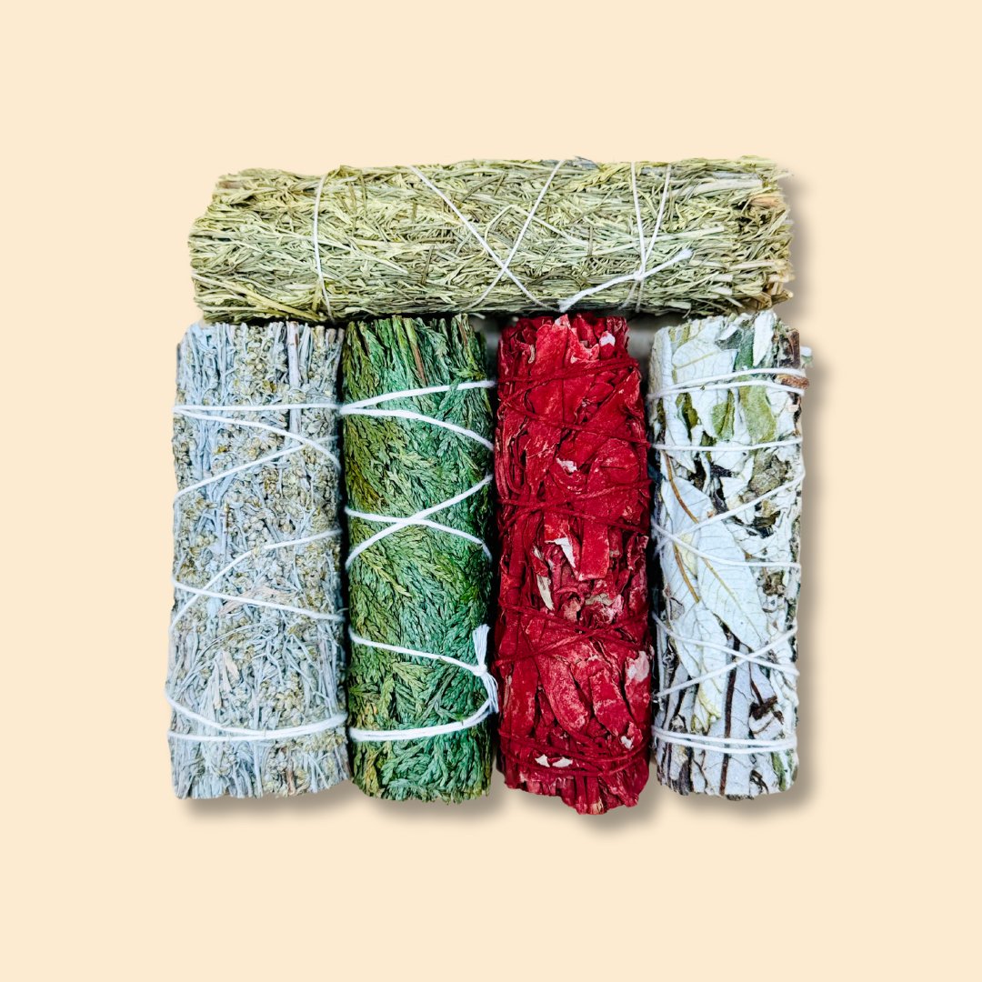 Cleansing Protection and Grounding Smudging Pack (Set of 5 Sage Bundles) - Senseful Healing | 5 sage varieties top down view